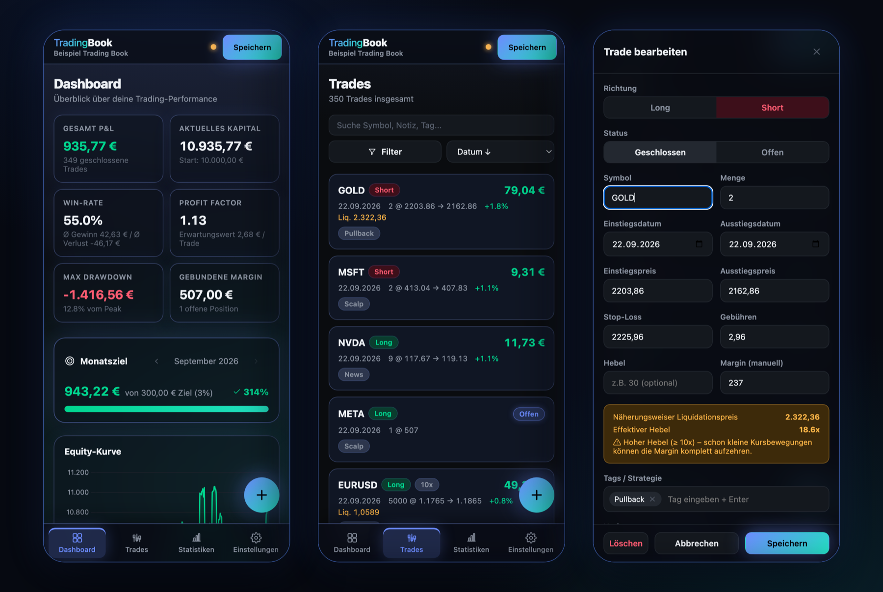 TradingBook auf dem Smartphone: Dashboard, Trade-Liste und Trade-Formular