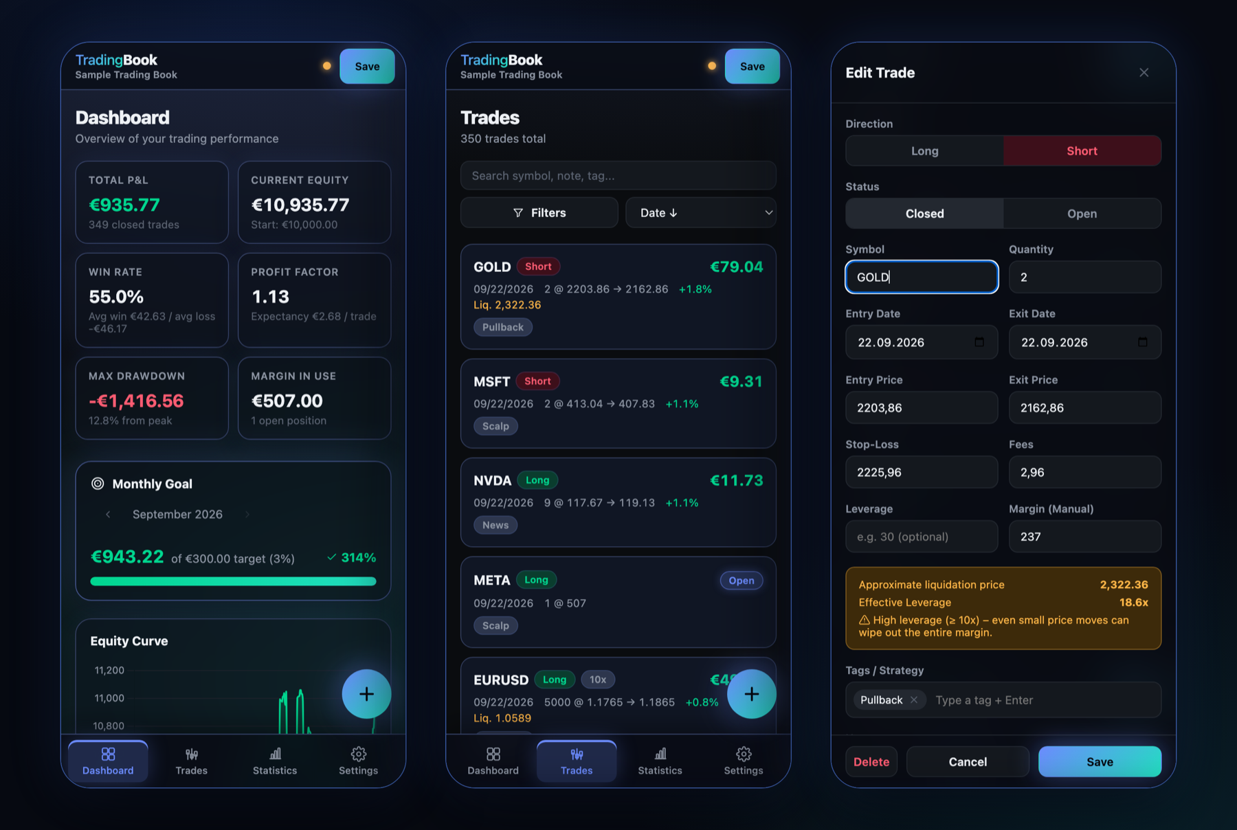 TradingBook on a smartphone: dashboard, trade list and trade form